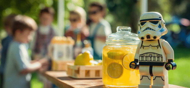 Star Wars Minifigs Fundraising Ideas Kids Can Run Themselves Outdoor lemonade-stand setup guarded by a LEGO-style Star Wars trooper minifig, kids blurred in the background selling lemonade