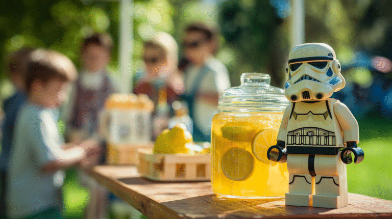 Outdoor lemonade-stand setup guarded by a LEGO-style Star Wars trooper minifig, kids blurred in the background selling lemonade
