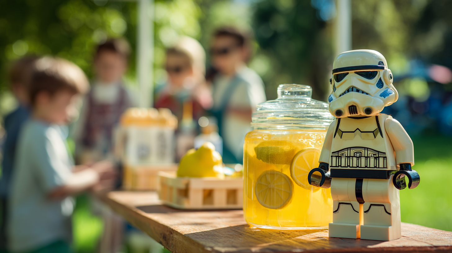 Outdoor lemonade-stand setup guarded by a LEGO-style Star Wars trooper minifig, kids blurred in the background selling lemonade