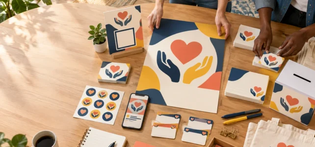 Overhead view of two people arranging coordinated fundraising materials on a wooden table, including heart-and-hands posters, stickers, cards, name labels, a donation box, a tote bag, and a phone.