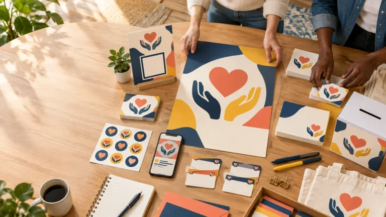 Overhead view of two people arranging coordinated fundraising materials on a wooden table, including heart-and-hands posters, stickers, cards, name labels, a donation box, a tote bag, and a phone.