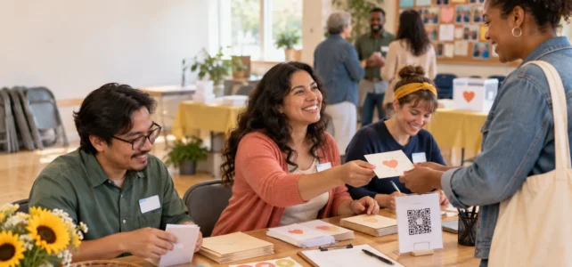 Volunteers at a community event table hand a heart-themed thank-you card to an attendee beside sticker sheets, name labels, clipboards, and a QR-code sign.