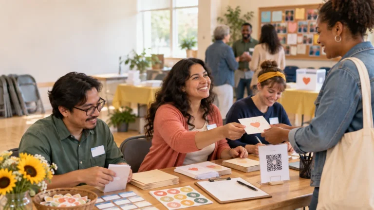 Volunteers at a community event table hand a heart-themed thank-you card to an attendee beside sticker sheets, name labels, clipboards, and a QR-code sign.