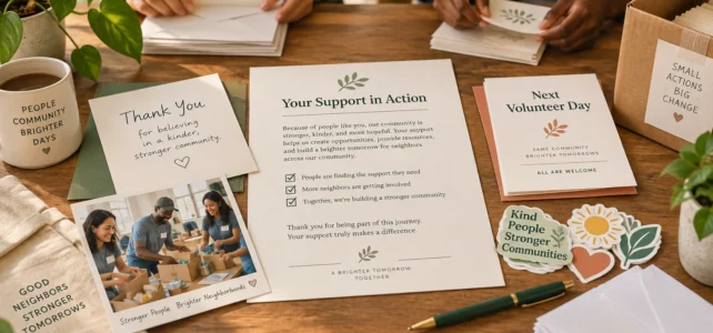 Warm overhead view of a wooden table with thank-you cards, a donor progress letter, volunteer-day flyers, community-themed stickers, envelopes, a pen, a coffee mug, and people sorting paper materials; a small volunteer photo is printed on one card.