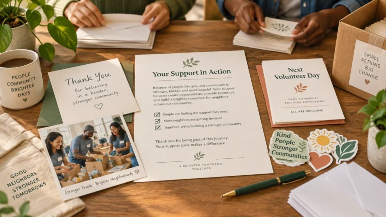 Warm overhead view of a wooden table with thank-you cards, a donor progress letter, volunteer-day flyers, community-themed stickers, envelopes, a pen, a coffee mug, and people sorting paper materials; a small volunteer photo is printed on one card.