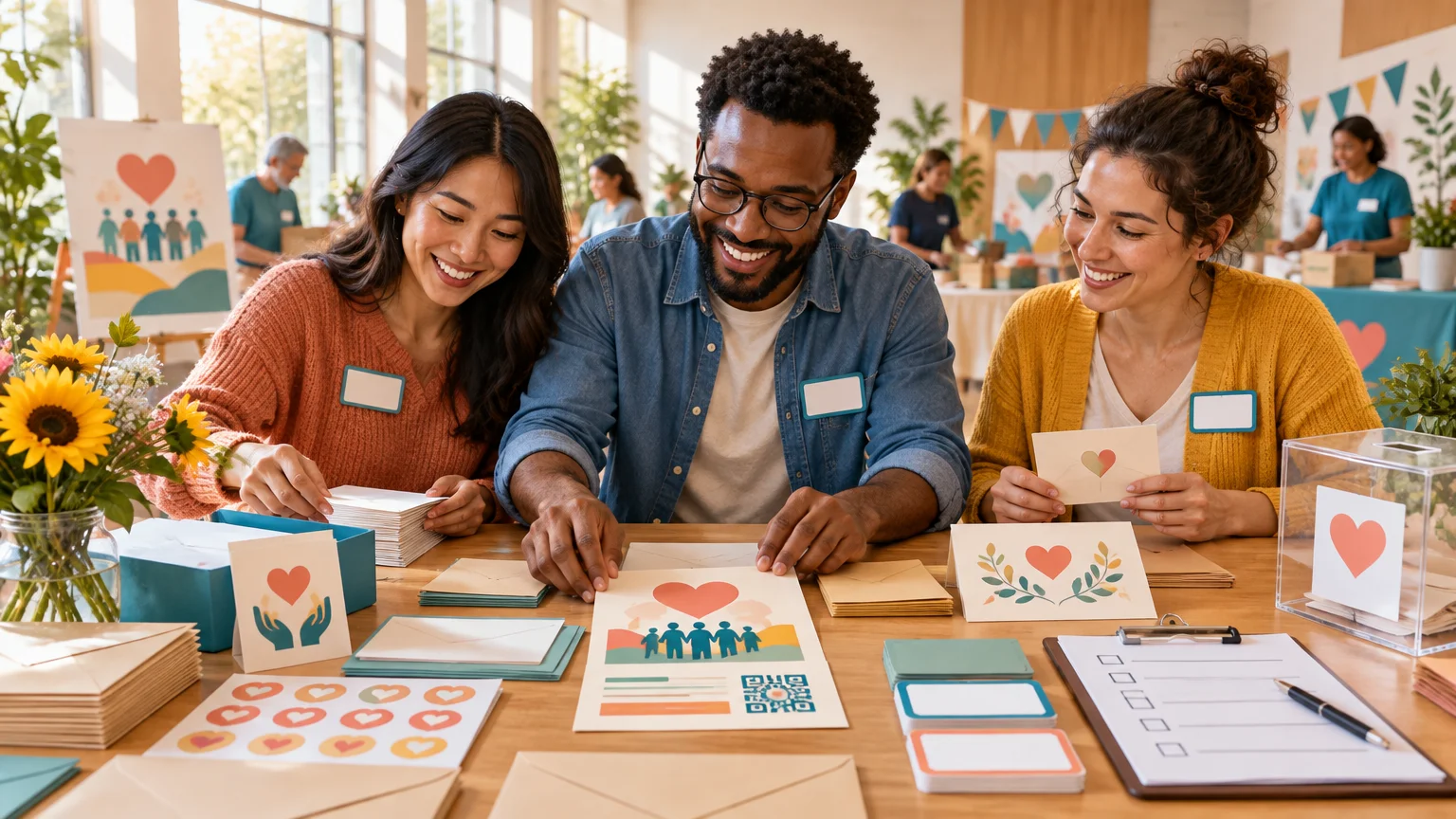 Three smiling volunteers assemble heart-themed community invitation cards and envelopes at a table with name labels, sticker sheets, a checklist, flowers, and a clear donation box.