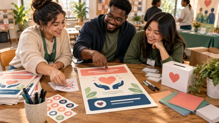 Three volunteers wearing name badges sit at a table designing a fundraiser flyer with a heart-in-hands graphic, surrounded by sticker sheets, markers, blank labels, paper cards, and a heart-marked donation box.