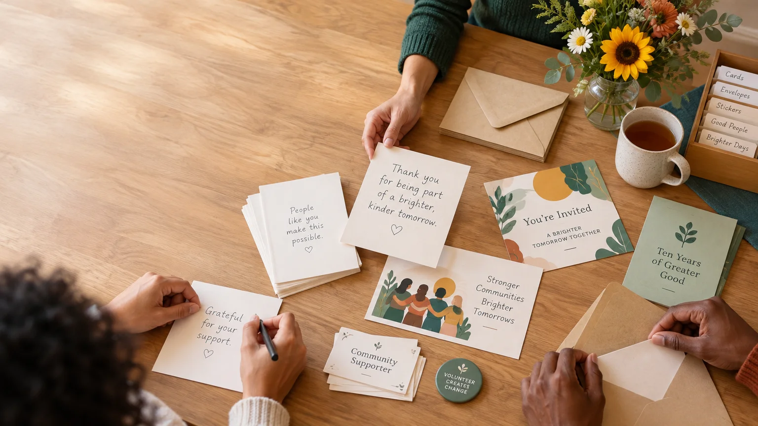 Overhead view of people preparing handwritten thank-you cards, envelopes, invitations, and supporter materials on a wooden table with flowers and tea.