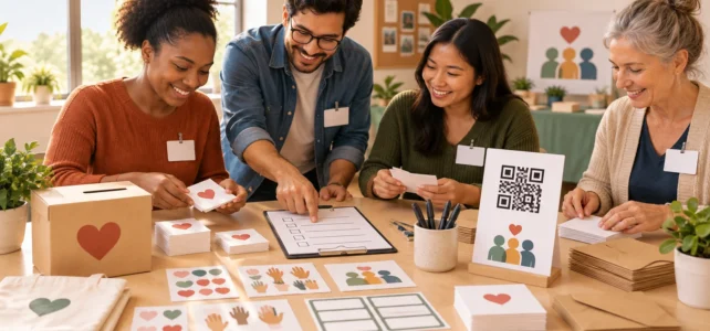 Four volunteers assemble heart-themed cards and materials around a table with a donation box, checklist, QR-code sign, envelopes, and blank name labels in a sunny community space.