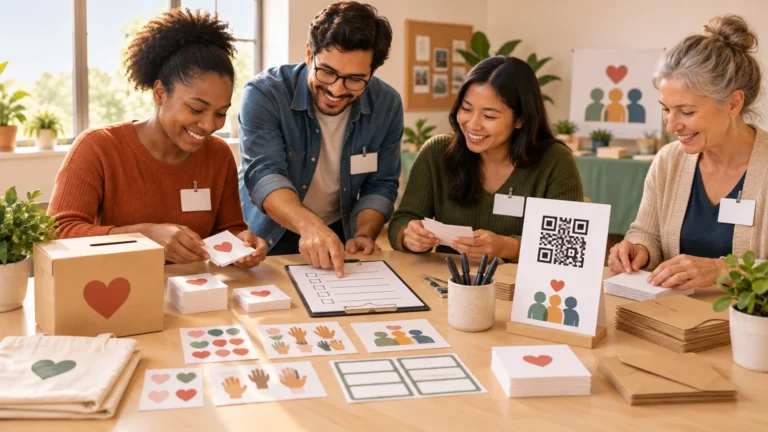 Four volunteers assemble heart-themed cards and materials around a table with a donation box, checklist, QR-code sign, envelopes, and blank name labels in a sunny community space.