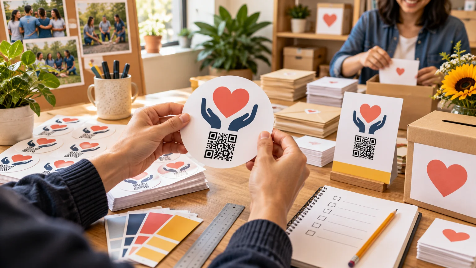 People prepare fundraiser stickers and cards featuring a heart-in-hands graphic and QR codes at a bright community workspace.